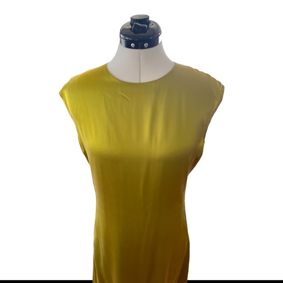 Theory Silk Satin Cap Sleeve MIDI Dress in Citron - Picture 2 of 9